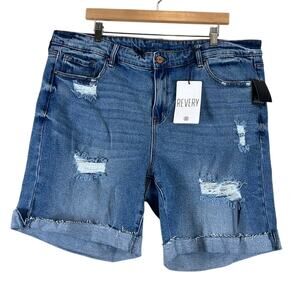 NWT Revery Bermuda Denim Shorts Womens 3X Distressed Cuffed Medium Wash Stretch